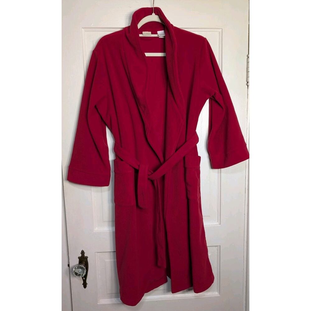 LL BEAN Red Fleece Long Robe + Tie Pockets Shawl Collar KIDS L(14/16)(904)